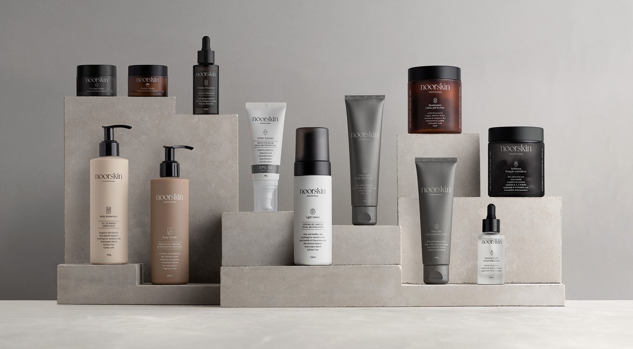Imagem da linha completa dos produtos Noorskin para skincare e bodycare.